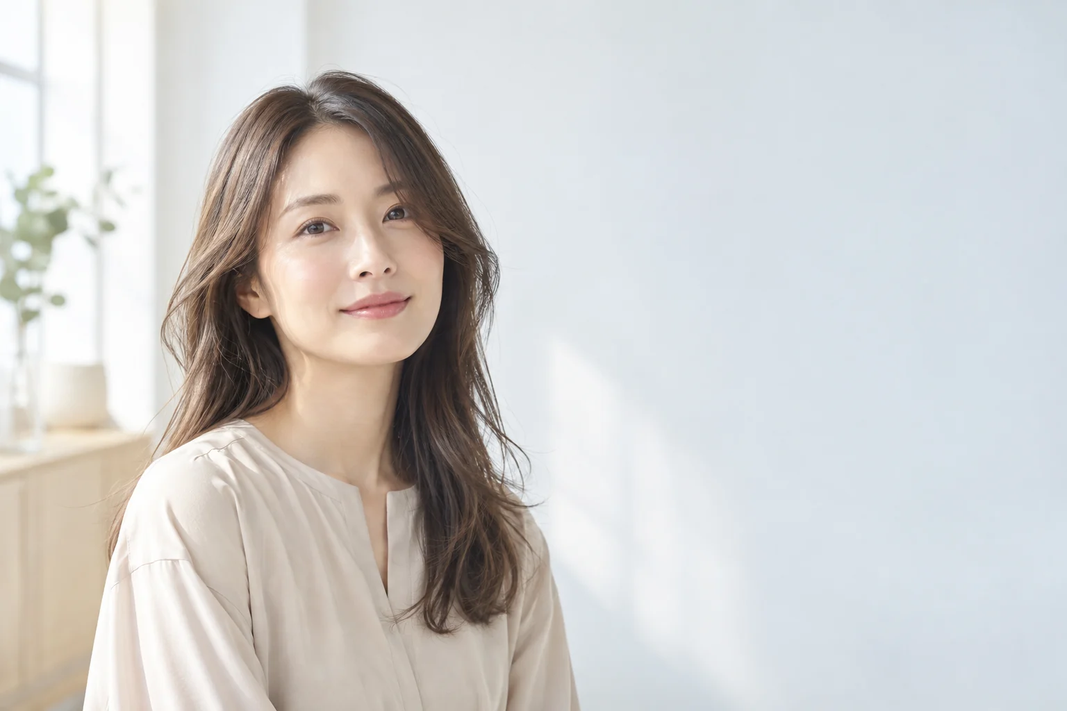 窓辺の柔らかな光に包まれた、つやのあるロングヘアの女性